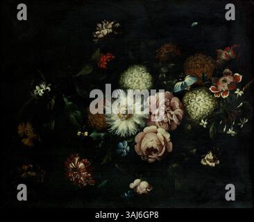 Attribuée à Jan Pieter Breughel, cette huile sur toile représente une fleur de la passion, un chèvrefeuille, des œillets, des roses et d'autres fleurs placés sur un rebord de pierre, avec un papillon perché à proximité. La pièce du XVIIe siècle démontre la maîtrise de Breughel dans la nature morte florale. Banque D'Images