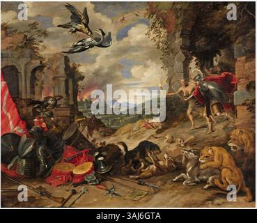 Cette peinture allégorique de Jan Brueghel le jeune, créée dans les années 1640, représente le thème de la guerre. L’huile sur cuivre illustre la nature destructrice et chaotique des conflits, avec des figures symboliques et des images violentes. Banque D'Images