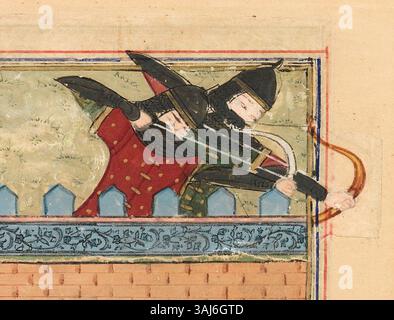 Cette illustration de 1436 tirée du *Zafarnama* représente des troupes de Jalayirid sur les murs de Bagdad, défendant la ville en 1401 contre les forces Timurides. La scène illustre la tactique militaire et la guerre de siège de la période. Banque D'Images
