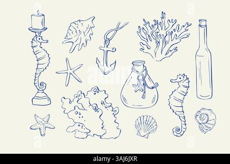 ensemble de doodles de mer dessinés à la main bleu Illustration de Vecteur