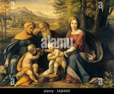 Cette œuvre religieuse, d'après Benvenuto Tisi da Garofalo, représente la Sainte famille avec Sainte Élisabeth et Saint Jean Baptiste, un thème commun dans les religieux de la Renaissance Banque D'Images