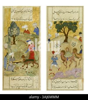 Ces deux folios d'un manuscrit persan, créé entre 1460 et 1480 par Qaraqoyunlu Turkmen, présentent une gouache détaillée et de l'or sur papier. La belle écriture nasta'liq du manuscrit est accompagnée d'illustrations vibrantes, typiques de la tradition manuscrite complexe de la Perse safavide. Banque D'Images