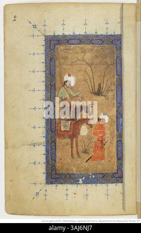 Cette page manuscrite de Kalila et Dimna, datée vers 1390, illustre les leçons morales de la fable persane, mettant en scène les histoires classiques sur les deux animaux Kalila et Dimna, probablement de la période Muzaffaride. Banque D'Images