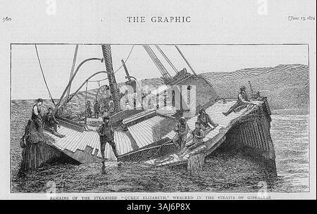 L'illustration montre les restes du navire à vapeur Queen Elizabeth après son naufrage dans le détroit de Gibraltar le 12 mars 1874. L'image, publiée dans The Graphic le 13 juin 1874, est basée sur une photographie fournie par M.John Bland de Fenchurch Street. Il représente l'épave de la baie de Tolmo, créée à l'aide d'une technique de gravure sur bois. Banque D'Images