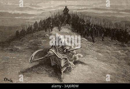 Le frontispice de Gustave Doré pour le canto XVII de 'Orlando Furioso' de Ludovico Ariosto illustre une scène dramatique du poème épique. Sa gravure détaillée capture l'esprit et l'émotion du récit. Banque D'Images