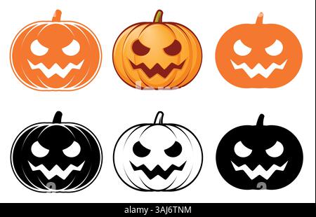 Citrouille d'Halloween, ensemble d'illustration vectorielle de dessin animé de Jack lanterne, isolé sur blanc Illustration de Vecteur