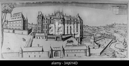 Cette réimpression de la gravure de Claude Chastillon (1559-1616) représente le château de Thugny, créé avant 1905. Chastillon était connu pour ses gravures détaillées de l'architecture française et des monuments historiques, capturant la conception et l'esthétique des structures de la Renaissance. Banque D'Images
