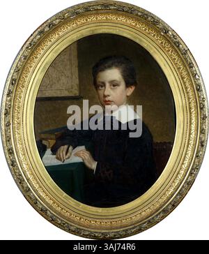 Portrait d'un garçon par Pieter Van Havermaet, daté de 1873 et signé en bas à gauche. Huile sur panneau, mettant en valeur l'apparence jeune du sujet. L’œuvre a été vendue aux enchères de la Galerie moderne à Bruxelles le 21-22 juin 2021, lot 174. Banque D'Images
