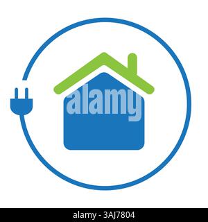 Lutte contre le changement climatique, utiliser l'énergie renouvelable à la maison - concept logo Design avec cordon électrique autour d'une maison, symbole sur fond blanc - Creat Illustration de Vecteur