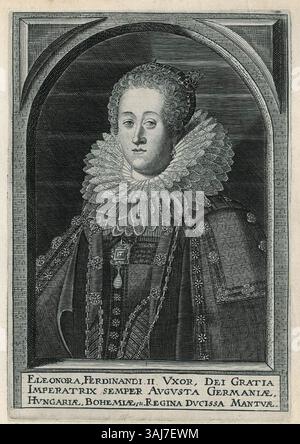 Cette gravure de 1640 représente Eleonora Gonzaga, princesse de Mantoue, épouse de Ferdinand II, empereur romain germanique. L'estampe met en valeur son statut noble et son rôle au sein de l'aristocratie européenne au XVIIe siècle. Banque D'Images