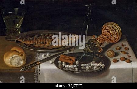 Cette nature morte française de Willem Claesz. Heda, peint vers 1627, représente un verre roemer, du hareng, du pain, une tasse renversée et des bonbons disposés avec précision. Les objets sont représentés avec des détails complexes et du naturalisme, capturant les textures et l'éclairage de la scène. Banque D'Images