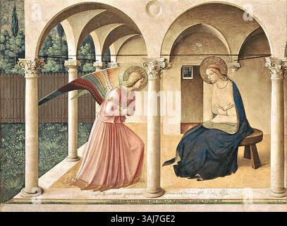 Fresque de Fra Angelico, représentant l'Annonciation, située dans le couloir nord du monastère San Marco. Peinte entre 1438 et 1450, cette œuvre du début de la Renaissance capture le moment biblique du message de l'ange à la Vierge Marie. Banque D'Images