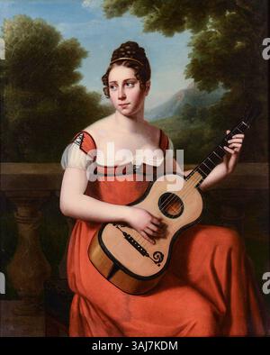 Le Portrait d'une femme jouant de la guitare de Julie volpelière (1813 ou 1815) représente une femme jouant de la guitare avec un paysage en arrière-plan. La peinture à l'huile reflète le style artistique de l'Europe du début du XIXe siècle. Banque D'Images