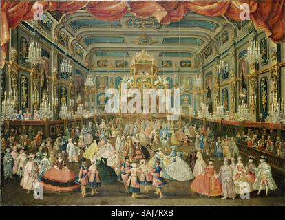 Peinture à l'huile de François Rousseau, représentant un bal masqué au Hoftheater du château de Bonn en 1754. La scène capture la vie sociale vibrante et l'élégance de l'aristocratie du XVIIIe siècle. Banque D'Images