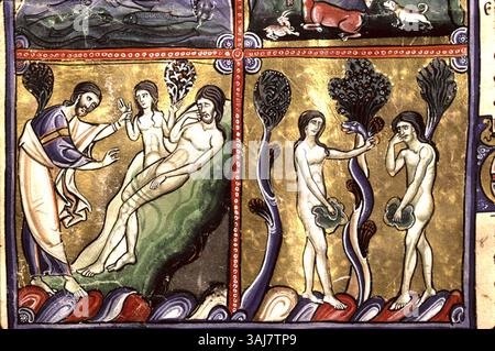 Cette illustration anonyme du XXe siècle se concentre sur la création biblique d'Ève et la chute, soulignant le moment charnière dans le récit de la Genèse. Banque D'Images