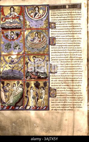 Cette illustration du XXe siècle, créée par un artiste anonyme, représente l’histoire biblique de la création en sept panneaux et la chute d’Adam et Ève, capturant des moments clés du récit. Banque D'Images