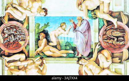 La fresque de Michel-Ange, « la création d'Eve », peinte entre 1509 et 1510, fait partie du plafond de la chapelle Sixtine. Cette scène comprend Ève, des figures ignudi et des médaillons, démontrant la maîtrise de Michel-Ange de la forme humaine et des thèmes bibliques. Banque D'Images