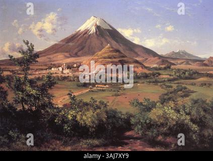 Peinture paysagère des volcans Popocatépetl et Iztaccihuatl par José María Velasco, créée au XIXe siècle. Banque D'Images
