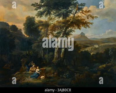 *Paysage avec Diana et ses Nymphes* de Johannes Glauber est une peinture à l'huile du XVIIe siècle représentant la déesse mythologique Diana et ses compagnons dans un paysage serein. L’œuvre capte les thèmes classiques de la nature et de la mythologie. Banque D'Images