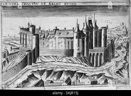 Claude Chastillon (1559-1616) réimpression d'une gravure mettant en valeur le château de Reims. Cette œuvre historique, créée avant 1905, est une reproduction d'une gravure française originale de Chastillon. Banque D'Images