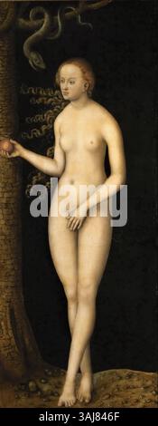 Lucas Cranach l'ancien 'la chute de l'homme', peint vers 1510, dépeint l'histoire biblique du péché originel d'Adam et Eve. Le diptyque, situé au Kunsthistorisches Museum de Vienne, présente un serpent ailé et est une œuvre clé dans la Renaissance religieuse Banque D'Images