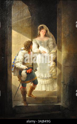 'Escalier de la grande tour du château d'Harcourt' (1827) de Jean-Baptiste Isabey, huile sur toile, représente le grand escalier du Château d'Harcourt en France. L'œuvre d'art capture l'élégance architecturale de l'époque et les compétences d'Isabey dans le paysage et la peinture d'intérieur. Banque D'Images