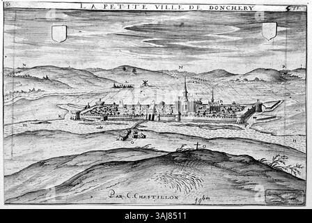 Claude Chastillon (1559-1616) réimpression d'une gravure représentant Donchery. Cette œuvre historique, créée avant 1905, présente une reproduction d’une œuvre de Chastillon, artiste français connu pour ses estampes et gravures. Banque D'Images