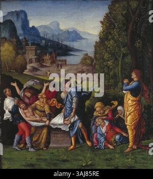 Disciple d'Andrea Mantegna, (1431-1506), 'de graflegging' (la tombe du Christ), est une œuvre d'art religieuse datant de 1500 à 1510. L'huile sur panneau représente l'enterrement du Christ dans une composition classique typique du style de Mantegna, mettant en valeur un raccourcissement dramatique et un accent sur l'impact émotionnel de la scène. Banque D'Images