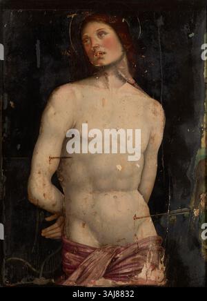 Cette peinture religieuse, attribuée à un disciple de Francesco Francia, représente Saint Sébastien. Créé entre 1480 et 1500, il représente le saint dans son martyre, thème religieux commun à la Renaissance acceptée Banque D'Images