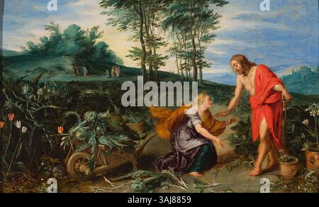 Cette huile sur cuivre peinte par Jan Breughel le jeune de la fin des années 1630 représente le moment biblique où le Christ apparaît à Marie-Madeleine, connu sous le nom de 'Noli me tangere'. L’œuvre met en valeur le talent de Breughel en peinture religieuse. Banque D'Images