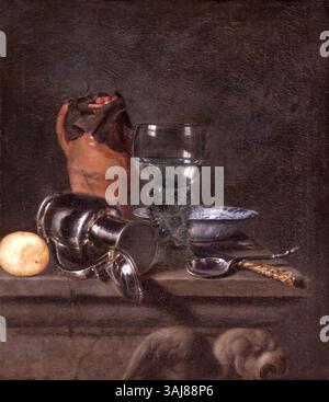 « Nature morte avec pichet en grès, Roemer et Fallen Tin Jug » de Simon Luttichuys de 1649 capture l'élégance tranquille des objets du quotidien. Cette nature morte hollandaise représente un pichet, un verre et une cruche tombée d'une manière détaillée et réaliste. Banque D'Images