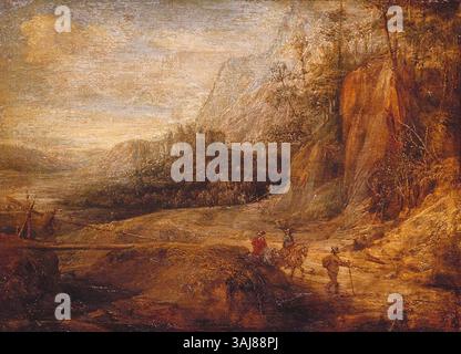 Horsemen in a Landscape, attribué à Paulus Bril, est une peinture à l'huile datant de 1630 à 1639, représentant des cavaliers dans un paysage serein. La scène combine des figures dynamiques avec la tranquillité de la nature, mettant en valeur la maîtrise de Bril des paysages spectaculaires. Banque D'Images