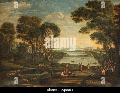 Cette peinture de paysage, d’après Claude Lorrain, représente la scène biblique du mariage d’Isaac et Rebecca. L’œuvre, peinte au XIXe siècle, capture la grandeur du paysage avec une touche classique. Banque D'Images