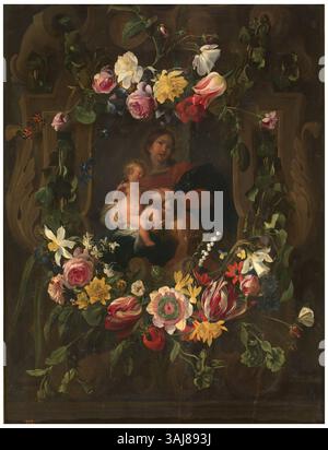 Cette peinture du XVIIe siècle de Daniël Seghers et Cornelis Schut représente la Vierge à l'enfant avec Jean le Baptiste, entourée d'une guirlande de fleurs. L'œuvre est conservée dans le Museo del Prado. Banque D'Images