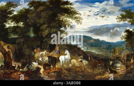 « Orpheus Charming the Animals and Trees with His Song » (1580-1603) de Jacob Savery représente la figure mythologique Orphée utilisant sa musique pour apprivoiser la nature. Banque D'Images