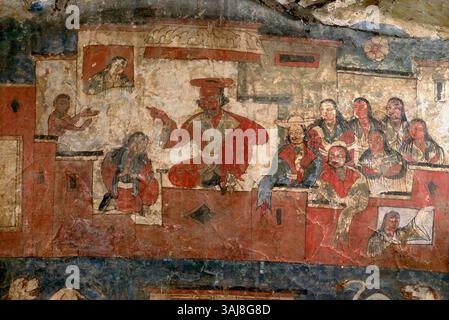 Cette œuvre représente Sudana et un parfumeur, attribués à un peintre tibétain occidental du XIe siècle. L'image offre un aperçu de la culture tibétaine, mettant en valeur les pratiques historiques dans un cadre monastique. L'identité de l'artiste reste inconnue, et la photographie documentant cette œuvre n'est pas identifiée. Banque D'Images