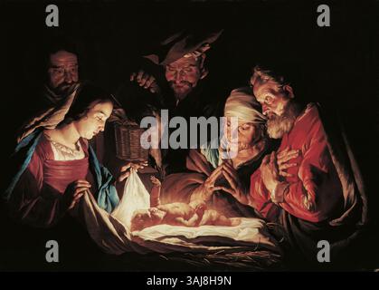 « L'Adoration des bergers » de Matthias Some, peinte entre 1640 et 1650, représente la scène biblique de la nativité. Les bergers s'agenouillent dans la vénération devant l'enfant Christ, capturé dans l'huile baroque riche sur toile. Banque D'Images