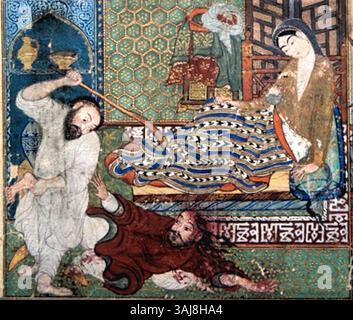 Une scène détaillée de *Kalila o Demna* montrant la punition d'un voleur dans une chambre. Cette miniature, créée vers 1370-1374, fait partie de l'album Shah Tahmasp à la bibliothèque de l'Université d'Istanbul. Banque D'Images