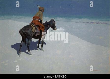 La peinture à l'huile de Frederic Remington de 1900-1905 « The Scout : Friends or Foes » représente un cow-boy ou scout naviguant dans un paysage sauvage, capturant la tension de la frontière. Banque D'Images