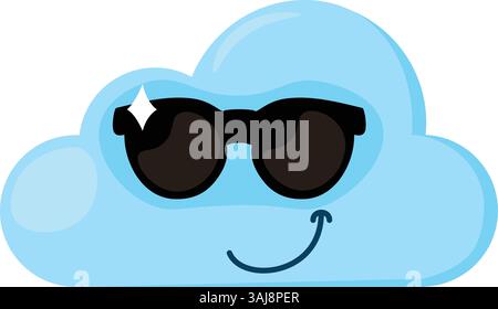 Bleu Confidence Emoji Cloud avec lunettes de soleil noires. Élément de conception pour les prévisions météorologiques des enfants. Icône drôle d'enfants. Isolation d'un élément vectoriel de dessin animé simple Illustration de Vecteur