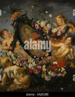 Cette peinture de 1635 de Daniel Seghers et Cornelis Schut représente la Vierge Marie et le Christ enfant dans un cartouche soutenu par des chérubins, entourés de guirlandes florales vibrantes. L'huile sur toile est un bel exemple de religieux baroque compris Banque D'Images