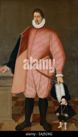 Cette peinture allemande du XVIe siècle, attribuée à un artiste anonyme, représente le géant Bartlmä Bona avec le nain Thomele, mettant en valeur la fantaisie et les éléments allégoriques typiques de l'époque. Banque D'Images