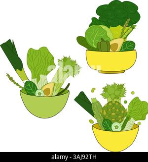 Salade de légumes verts frais dans un bol en céramique coloré. Nourriture fraîche et saine. Nutrition végétarienne. Vecteur plat pour le menu de café ou de restaurant conception pour Illustration de Vecteur