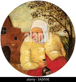 Ce tableau du XVIe siècle, attribué à Pieter II Brueghel, représente une femme avec une bouteille, mettant en valeur le réalisme détaillé et les activités de la vie quotidienne dans l'Europe moderne. Il fait partie de la collection du château de Wawel, en Pologne. Banque D'Images