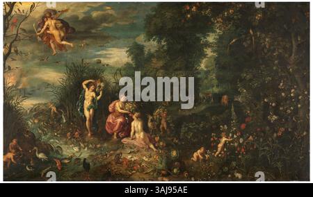 La peinture de Jan Brueghel le jeune, « L'abondance et les quatre éléments » (1616-1678), dépeint une représentation symbolique de l'abondance et des quatre éléments classiques : la terre, l'air, le feu et l'eau. Le travail met l'accent sur l'interconnexion de la nature et de la vie humaine. Peint à l'huile sur panneau, il est logé au Museo del Prado. Banque D'Images