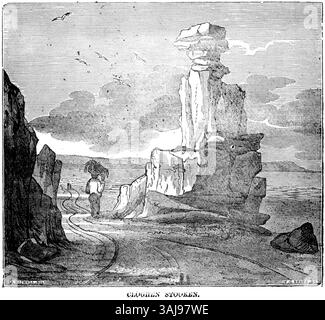 Cette image représente une scène de l'article de 1834 'A Guide to the Giants' Causeway' publié dans le Dublin Penny Journal, volume 2. L'illustration montre les formations naturelles emblématiques de la chaussée des géants, un site classé au patrimoine mondial de l'UNESCO situé en Irlande du Nord, connu pour ses colonnes de basalte hexagonales uniques. Banque D'Images