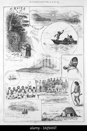 Cette impression tirée de l'Illustrated London News (1888) représente le HMS 'Ruby' lors de sa croisière vers Staten Island et le canal Beagle. L'illustration capture le voyage du navire à travers les mers du sud, offrant une vue détaillée de la progression de l'expédition le long de ces eaux lointaines. Banque D'Images