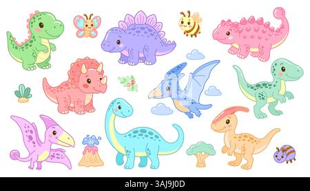 Ensemble vectoriel de dinosaures de bande dessinée colorés et d'animaux mignons Illustration de Vecteur