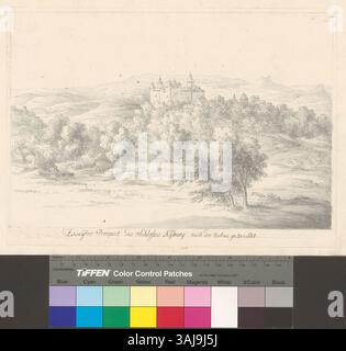 Un dessin représentant le château de Kyburg, créé entre 1740 et 1786. L'œuvre est rendue à l'encre grise et noire avec un lavage. Une deuxième feuille est collée au verso, montrant une gravure sur cuivre de Winterthur de 1752. La pièce sert de travail préliminaire pour une gravure ultérieure sur cuivre. Banque D'Images