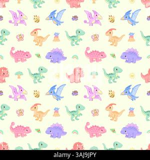 Modèle sans couture de dinosaures colorés de dessins animés, d'insectes, de volcans et d'arcs-en-ciel sur un fond doux Illustration de Vecteur